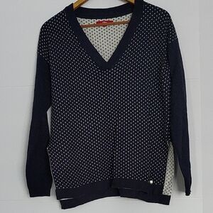 Elegant Navy V-Neck Sweater with Polka Dots
